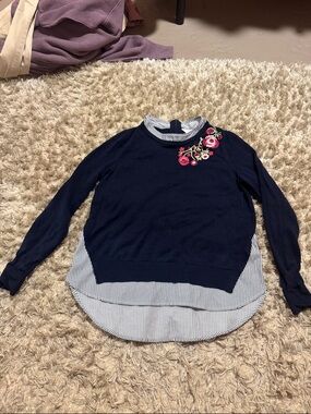 crown & ivy Navy Layered Sweater with Pink Floral Embroidery